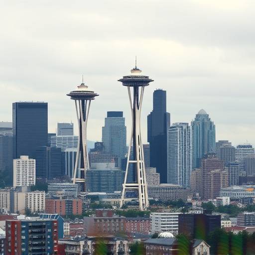 Seattle skyline with financial charts overlayed, representing inflation impacting local businesses